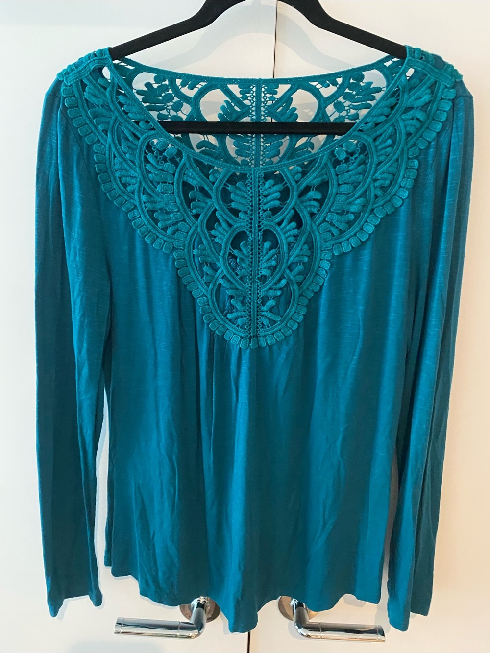 Anthropologie Teal Long-Sleeve Top with Crochet Yoke